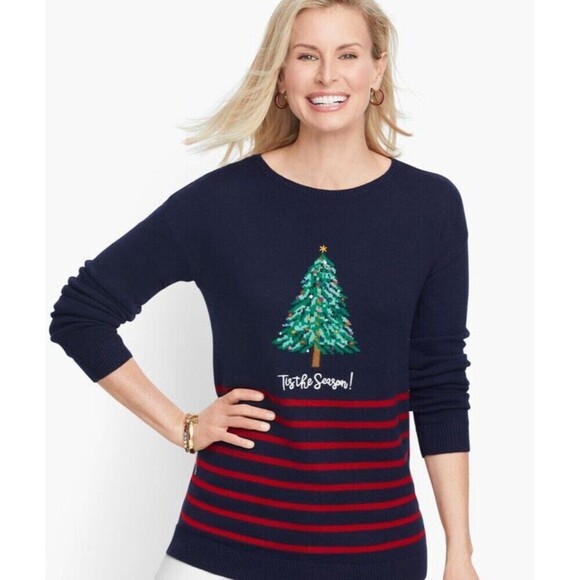 Talbots Blue Wool Blend Size S Tis the Season Christmas Tree Sweater Bateau Neck - Picture 1 of 7